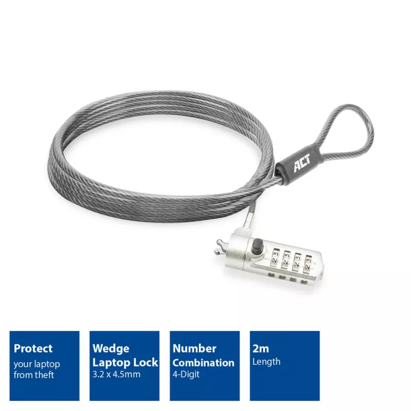 Cadeado para portátil ACT Wedge com fecho de combinação metálico cabo de 2 m