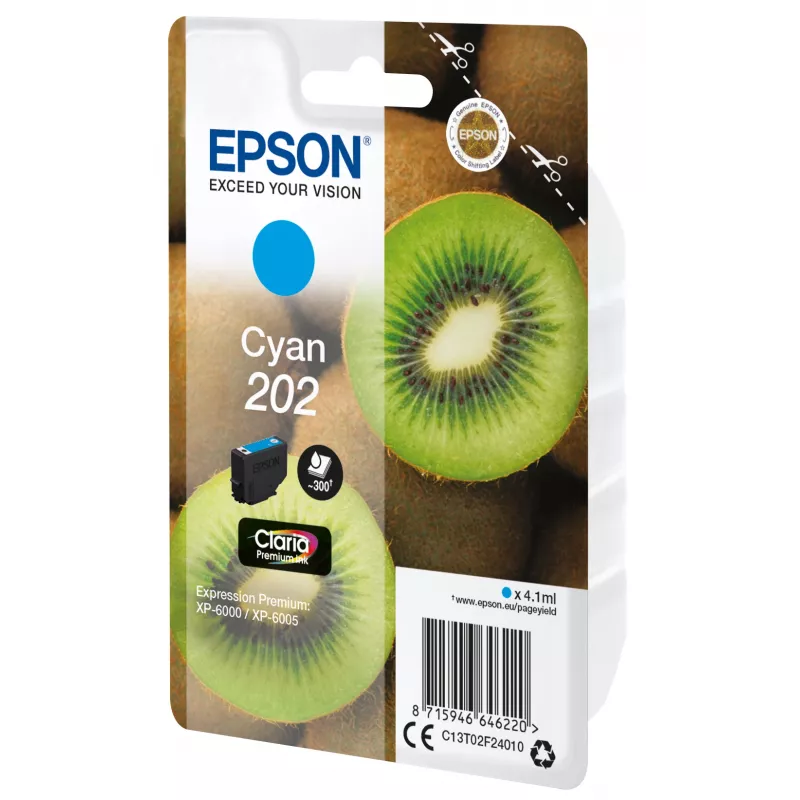 Epson Kiwi pack individual ciano 202 Claria Premium Ink, rendimento padrão, ciano, 4,1 ml, 1 unid., 300 páginas