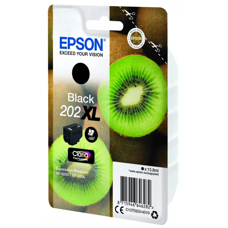 Epson Kiwi pack individual preto 202XL Claria Premium tinta, rendimento alto (XL), preto, tinta pigmentada, 13,8 ml, 1 unid., 550 páginas