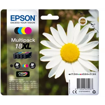 Tinteiro Epson Daisy multipack 4 cores 18XL Claria Home, preto, ciano, magenta, amarelo, 11,5 ml, 6,6 ml, 1 unid., 470 páginas, multipack