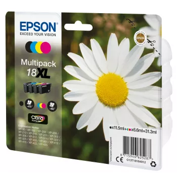 Tinteiro Epson Daisy multipack 4 cores 18XL Claria Home, preto, ciano, magenta, amarelo, 11,5 ml, 6,6 ml, 1 unid., 470 páginas, multipack