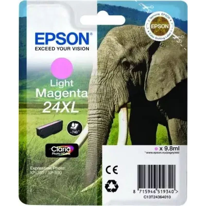 Tinteiro Epson Elephant Singlepack magenta claro 24XL Claria Photo HD (individual, à base de pigmento, magenta claro)