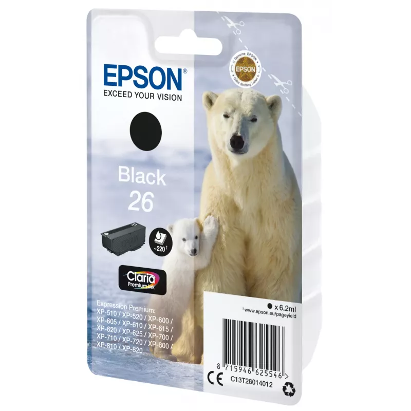 Tinteiro Epson Polar bear embalagem individual preto 26 Claria Premium, preto