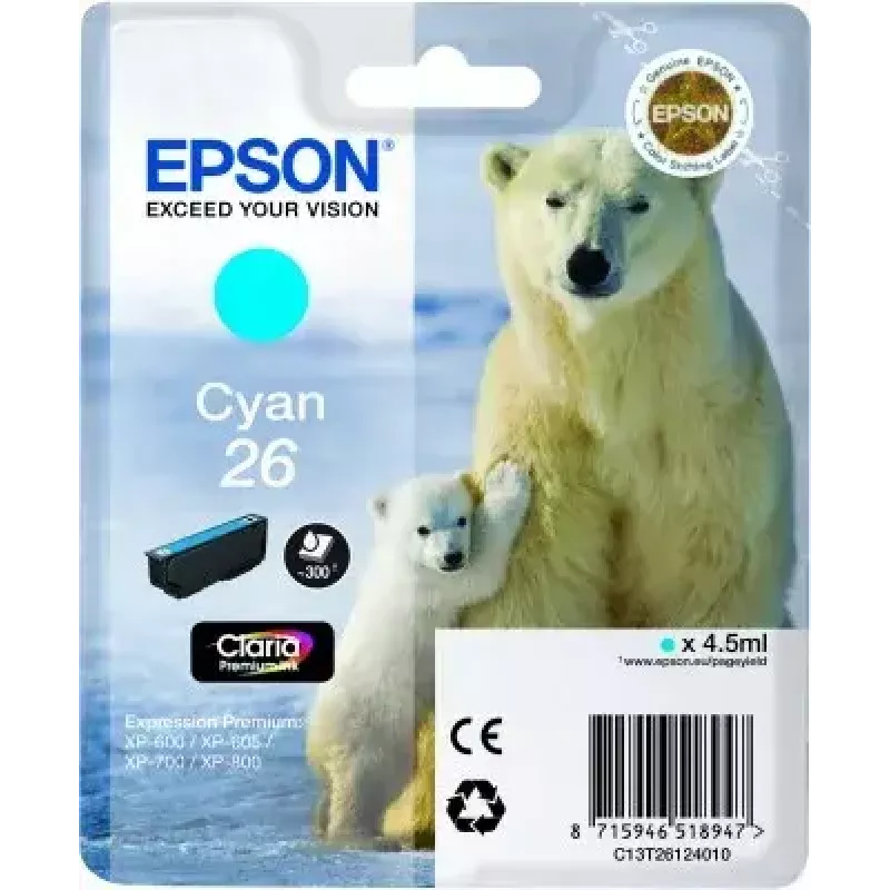 Tinteiro Epson C13T26124010 embalagem individual ciano 26 Claria Premium – ciano, 1 unid.