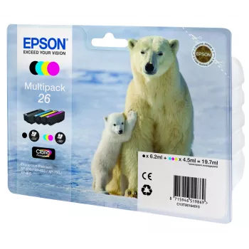 Tinteiro Epson Polar Bear multipack 4 cores 26 Claria Premium, preto, ciano, magenta, amarelo, 6,2 ml, 4,5 ml, 1 unid., multipack