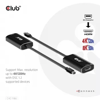 Adaptador ativo CLUB3D Mini DisplayPort 1.4 para HDMI 4K120Hz com DSC1.2 macho/fêmea