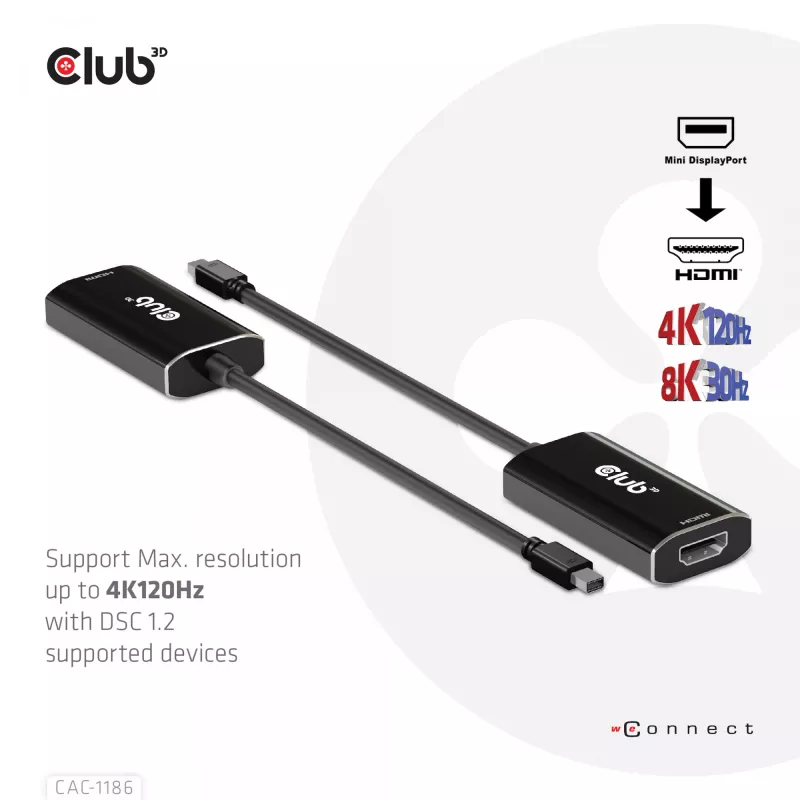 Club 3D CAC-1186 cabo adaptador ativo de Mini DisplayPort para HDMI 2.1, 4K 120 Hz, 8K 30 Hz, HDR, 15 cm, macho/fêmea