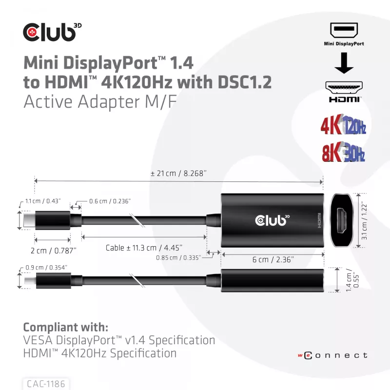 Club 3D CAC-1186 cabo adaptador ativo de Mini DisplayPort para HDMI 2.1, 4K 120 Hz, 8K 30 Hz, HDR, 15 cm, macho/fêmea