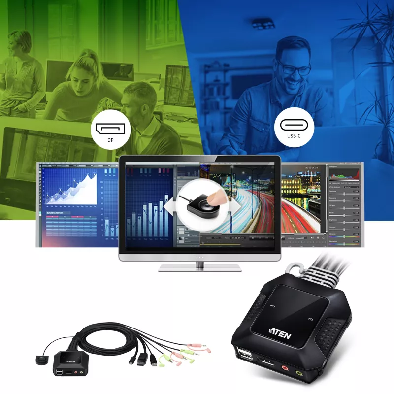 Comutador KVM híbrido ATEN 2 portas USB-C DisplayPort, 4096 x 2160 píxeis, 4K Ultra HD, 0,74 W, Preto