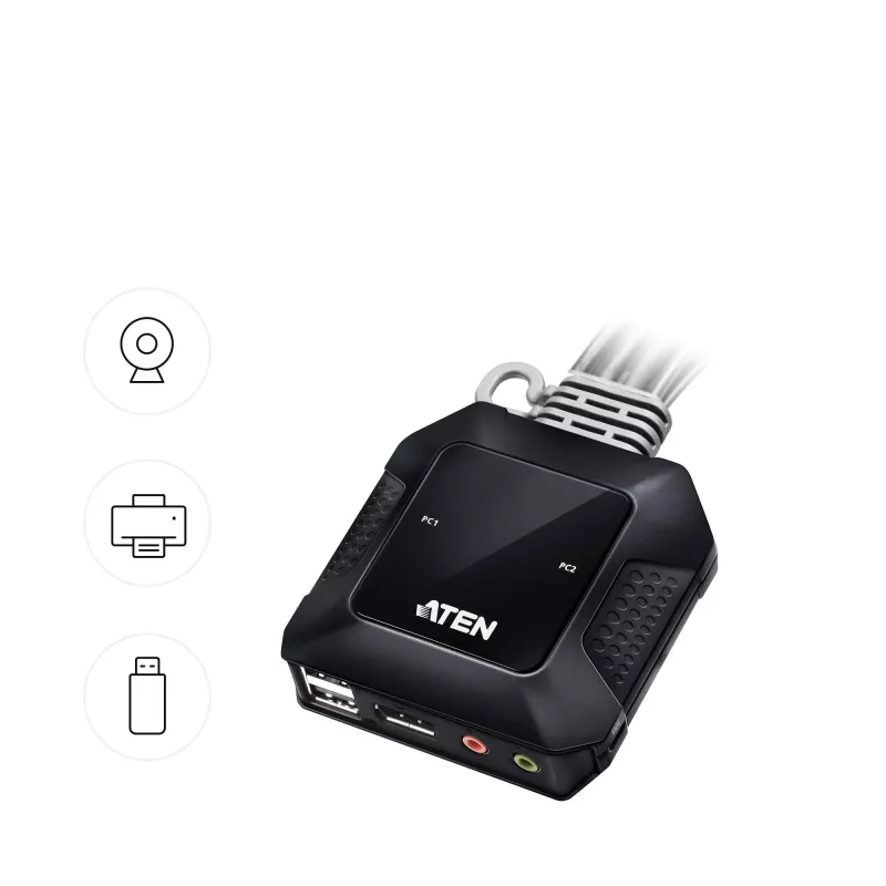 Comutador KVM híbrido ATEN 2 portas USB-C DisplayPort, 4096 x 2160 píxeis, 4K Ultra HD, 0,74 W, Preto