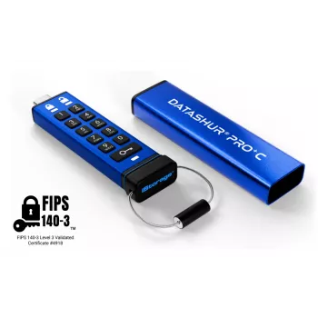 iStorage datAshur PRO+C 32GB | certificado FIPS 140-3 Nível 3 | unidade USB Type-C segura | encriptação de hardware AES-XTS 256 bits | protegida por PIN | adaptador Type C-A incluído