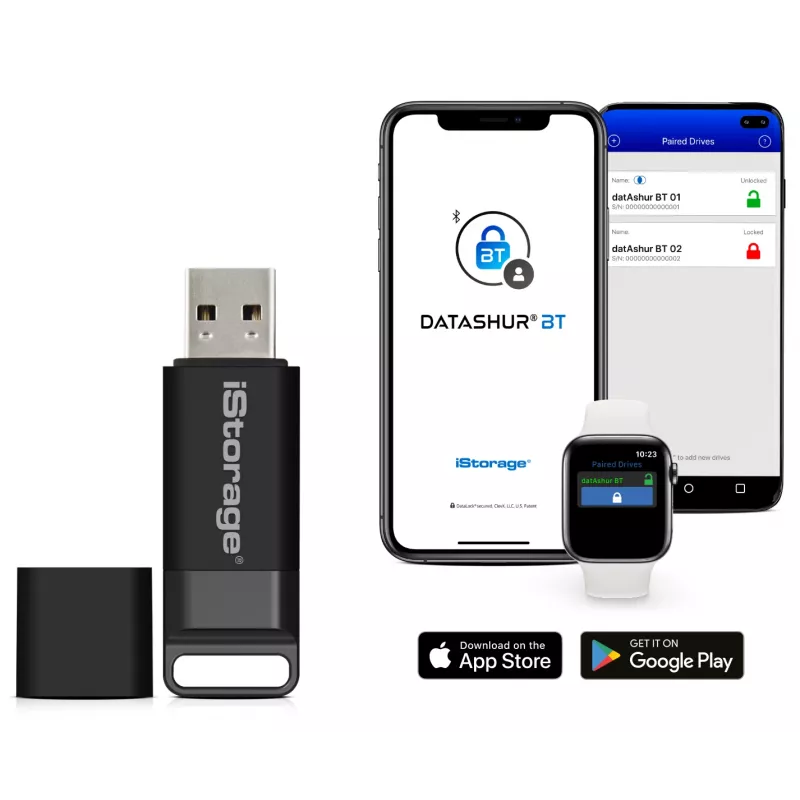 Pen USB cifrada iStorage datAshur BT IS-FL-DBT-256-64, 64 GB, USB 3.2 Gen 1, autenticação por smartphone via Bluetooth, cifragem por hardware AES-XTS de 256 bits, autenticação de dois fatores por SMS, pronta para gestão remota
