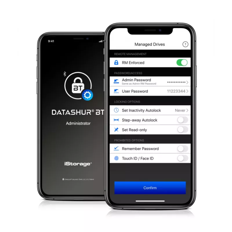 Pen USB cifrada iStorage datAshur BT IS-FL-DBT-256-64, 64 GB, USB 3.2 Gen 1, autenticação por smartphone via Bluetooth, cifragem por hardware AES-XTS de 256 bits, autenticação de dois fatores por SMS, pronta para gestão remota