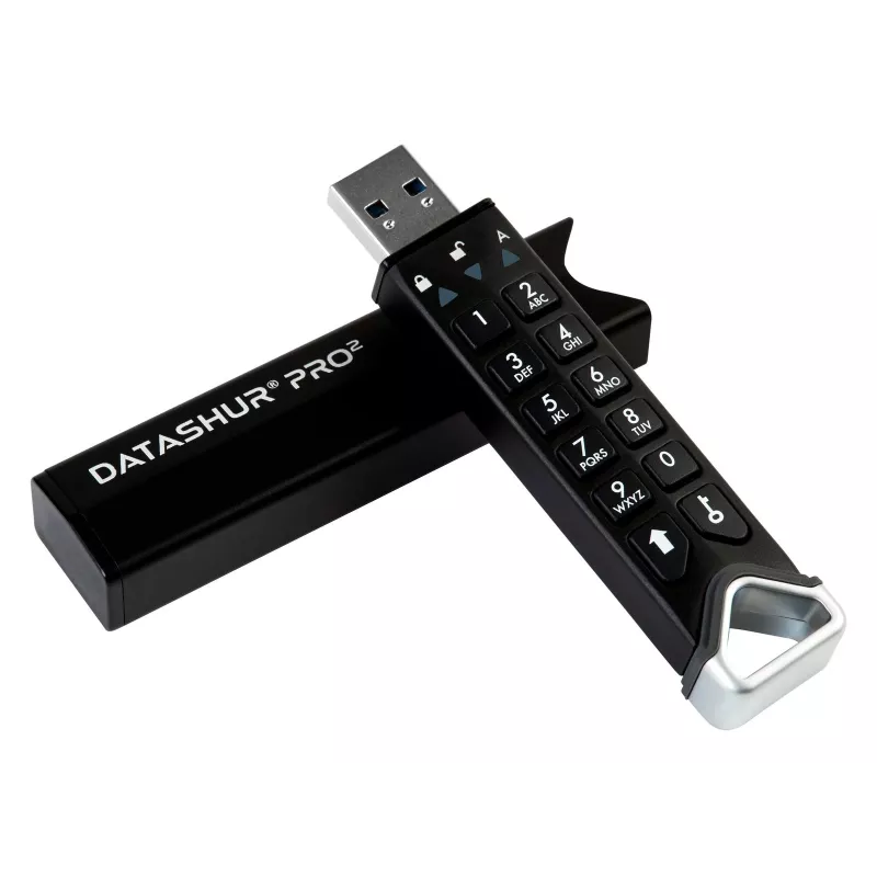 Pen USB cifrada iStorage datAshur PRO2 IS-FL-DP2-256-4, 4 GB, USB 3.2 Gen 1 Tipo-A, cifragem por hardware AES-XTS de 256 bits, leitura 130,3 MB/s, escrita 116,5 MB/s, preta