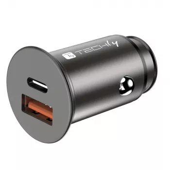 Carregador de automóvel mini Techly USB-A e USB-C Quick Charge 3.0 38W em metal preto