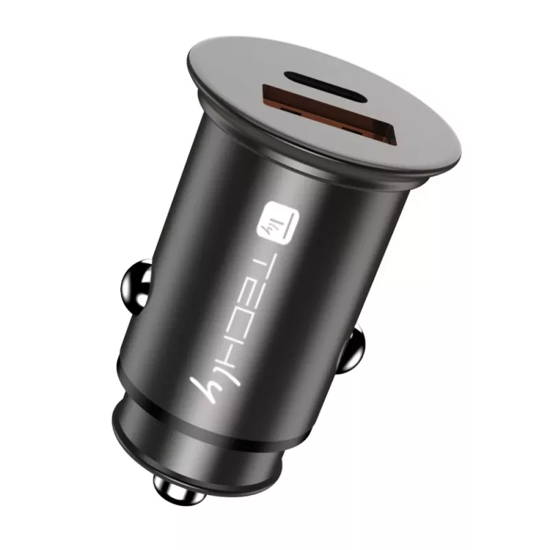 Carregador de automóvel mini Techly USB-A e USB-C Quick Charge 3.0 38W em metal preto