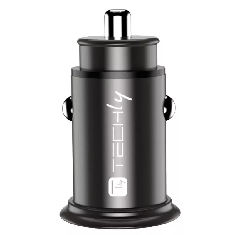 Carregador de automóvel mini Techly USB-A e USB-C Quick Charge 3.0 38W em metal preto