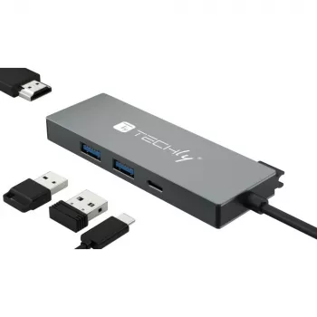 Estação de acoplamento/replicador de portas para portátil Techly IUSB32C-HUB4HPD com fios USB 3.2 Gen 2 (3.1 Gen 2) Type-C cinzento