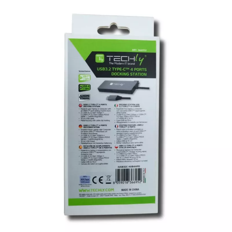 Hub USB-C 4 em 1 Techly IUSB32C-HUB4HPD, estação de acoplamento USB 3.2 Type-C, 2x USB-A, 1x USB-C, HDMI