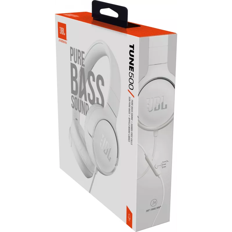 JBL Tune 500 JBLT500WHT auscultadores supra-auriculares, com fio, microfone, cabo plano antiemaranhamento, brancos