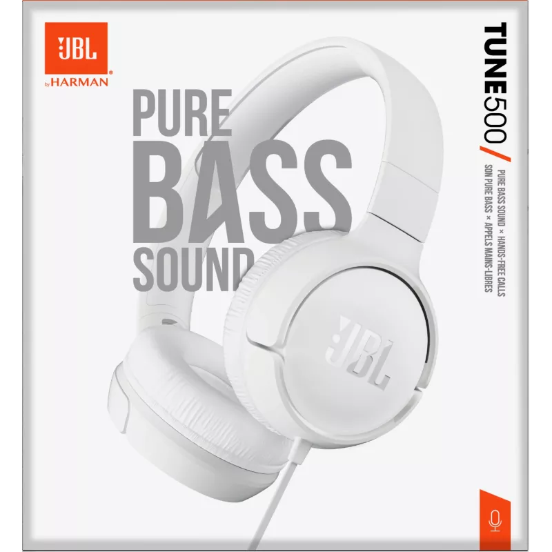 JBL Tune 500 JBLT500WHT auscultadores supra-auriculares, com fio, microfone, cabo plano antiemaranhamento, brancos