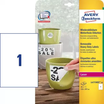 Etiqueta retangular autoadesiva Avery Zweckform L4775REV-20 — branco, permanente, 210×297 mm, 20 folhas