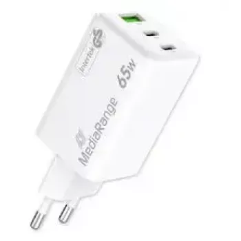 Carregador de dispositivos móveis MediaRange MRMA116-2 — Carregador rápido CA interior, entrada 100–240V, saída até 20V, 2× USB-C, branco