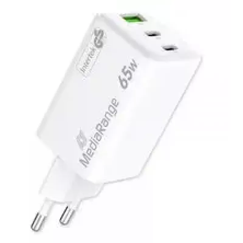 Carregador de parede GaN MediaRange MRMA116-2, 65 W, 3 portas (1x USB-A, 2x USB-C), branco