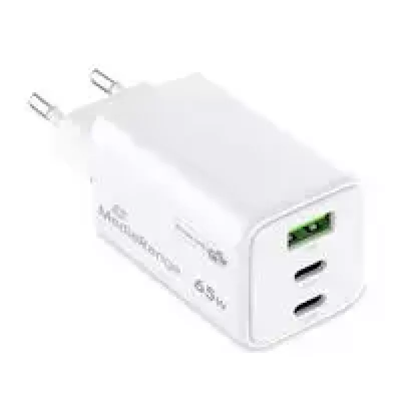 Carregador de parede GaN MediaRange MRMA116-2, 65 W, 3 portas (1x USB-A, 2x USB-C), branco