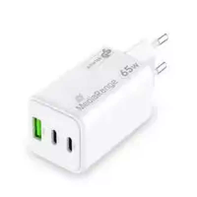 Carregador de parede GaN MediaRange MRMA116-2, 65 W, 3 portas (1x USB-A, 2x USB-C), branco