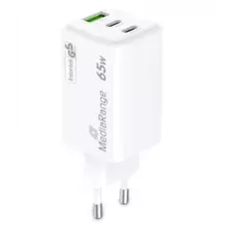 Carregador de parede GaN MediaRange MRMA116-2, 65 W, 3 portas (1x USB-A, 2x USB-C), branco