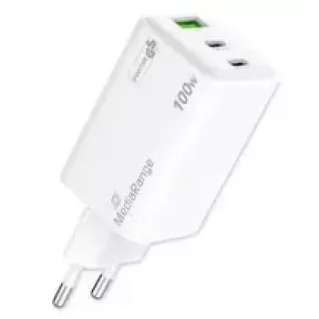 Carregador de dispositivos móveis MediaRange MRMA123 — Carregador rápido CA interior para portátil, smartphone, tablet, 100–240V, 2× USB-C, 20V máx, branco