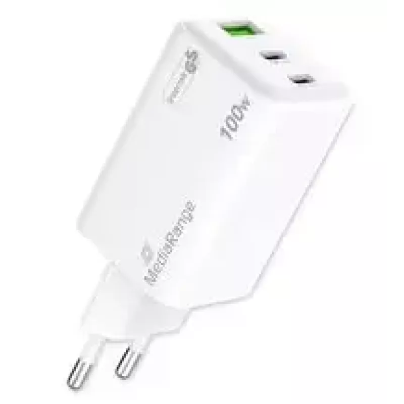 Carregador de dispositivos móveis MediaRange MRMA123 — Carregador rápido CA interior para portátil, smartphone, tablet, 100–240V, 2× USB-C, 20V máx, branco