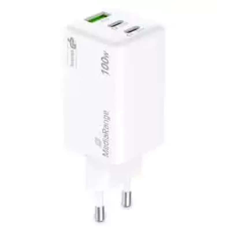 Carregador de dispositivos móveis MediaRange MRMA123 — Carregador rápido CA interior para portátil, smartphone, tablet, 100–240V, 2× USB-C, 20V máx, branco