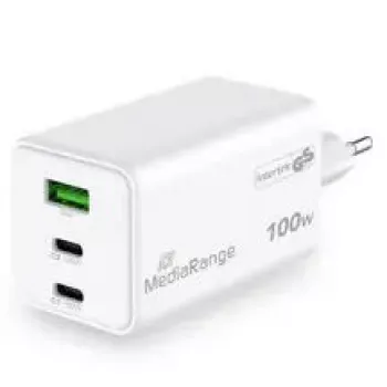Carregador de dispositivos móveis MediaRange MRMA123 — Carregador rápido CA interior para portátil, smartphone, tablet, 100–240V, 2× USB-C, 20V máx, branco