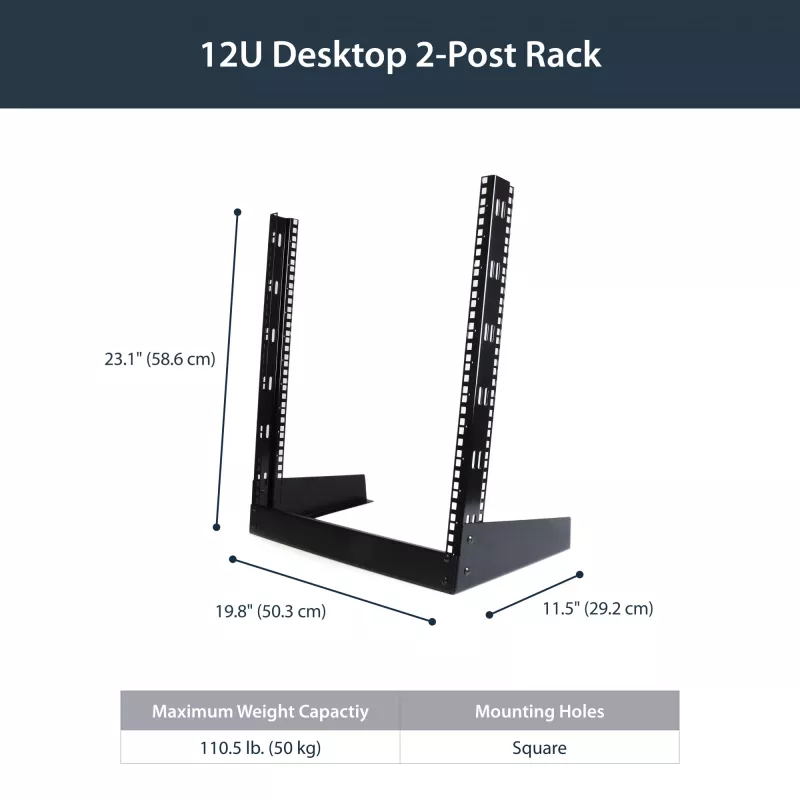 Rack de servidor de secretária StarTech.com 2 postes 12U, rack de computador aberto pequeno de 19 polegadas, rack de rede compacto para equipamento AV/estúdio/dados/IT – rack de dois postes autónomo para aplicações domésticas/de escritório
