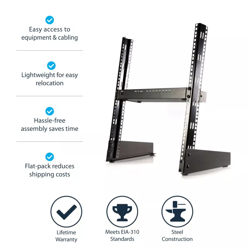 Rack de servidor de secretária StarTech.com 2 postes 12U, rack de computador aberto pequeno de 19 polegadas, rack de rede compacto para equipamento AV/estúdio/dados/IT – rack de dois postes autónomo para aplicações domésticas/de escritório