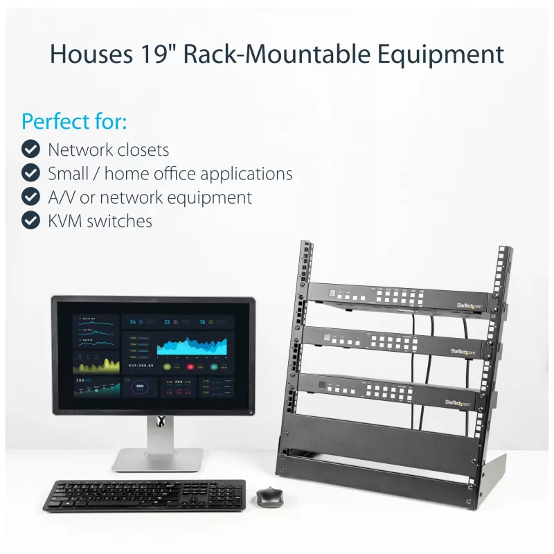 Rack de servidor de secretária StarTech.com 2 postes 12U, rack de computador aberto pequeno de 19 polegadas, rack de rede compacto para equipamento AV/estúdio/dados/IT – rack de dois postes autónomo para aplicações domésticas/de escritório