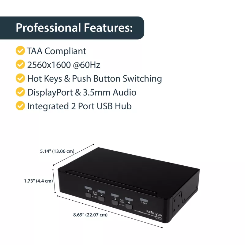 Comutador KVM USB DisplayPort de 4 portas StarTech.com com áudio, 3840 x 2400 píxeis, preto