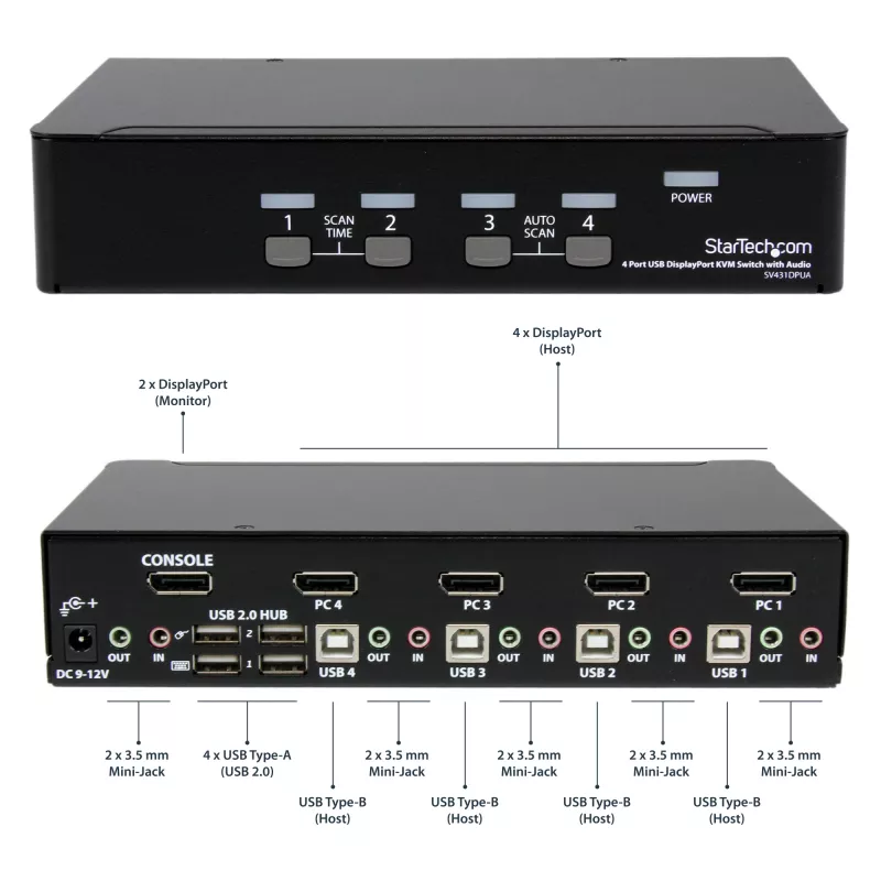 Comutador KVM USB DisplayPort de 4 portas StarTech.com com áudio, 3840 x 2400 píxeis, preto