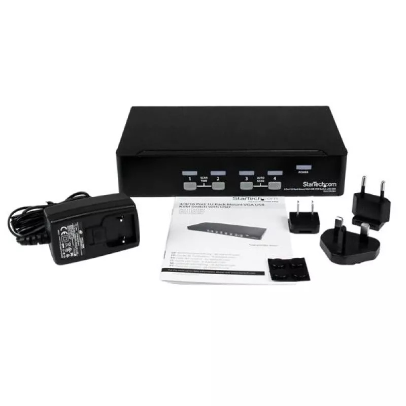 StarTech.com comutador KVM USB de 4 portas 1HE para rack com OSD, 1920 x 1440 píxeis, montagem em rack, 5,4 W, 1HE, preto