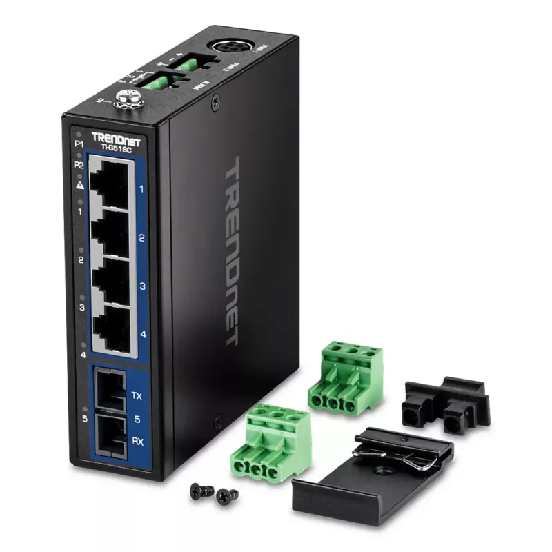 Switch Gigabit Ethernet não gerido TRENDnet TI-G51SC, 4x RJ-45 10/100/1000, capacidade 10 Gbit/s, 2000 MAC, 9–60 V, montagem na parede