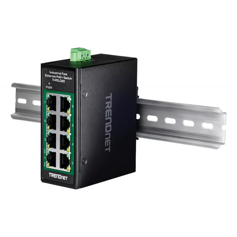 Switch Fast Ethernet PoE não gerido TRENDnet TI-PELC80 — 8x 10/100 Mbps RJ-45, IEEE 802.3af/at, 48–56V DC, montagem na parede