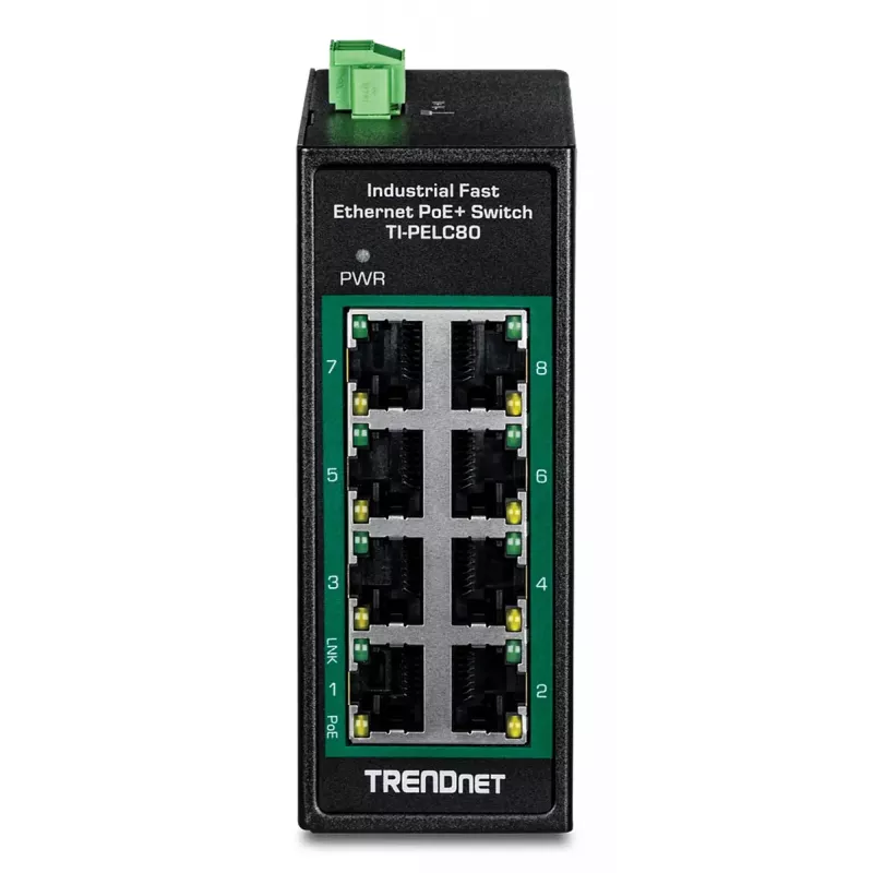 Switch Fast Ethernet PoE não gerido TRENDnet TI-PELC80 — 8x 10/100 Mbps RJ-45, IEEE 802.3af/at, 48–56V DC, montagem na parede