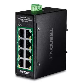 Switch Fast Ethernet PoE não gerido TRENDnet TI-PELC80 — 8x 10/100 Mbps RJ-45, IEEE 802.3af/at, 48–56V DC, montagem na parede