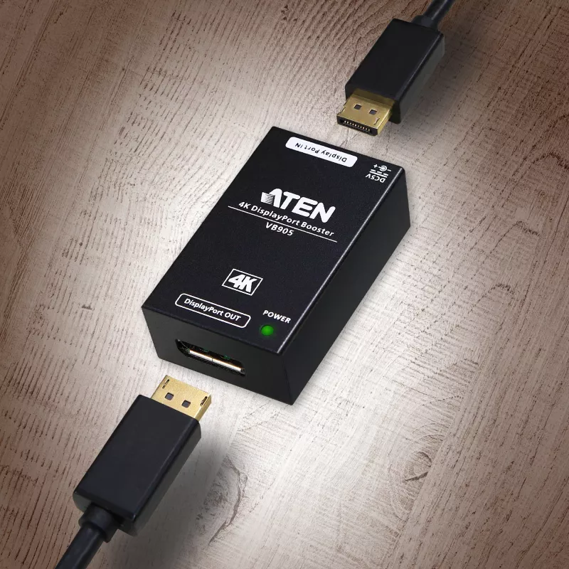 Repetidor AV ATEN 4K Display Port Booster VB905-AT-G — 4K (4096×2160), com fios, alcance de 20 m, 5 V/2,6 A, preto