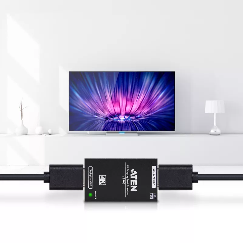 Repetidor AV ATEN 4K Display Port Booster VB905-AT-G — 4K (4096×2160), com fios, alcance de 20 m, 5 V/2,6 A, preto