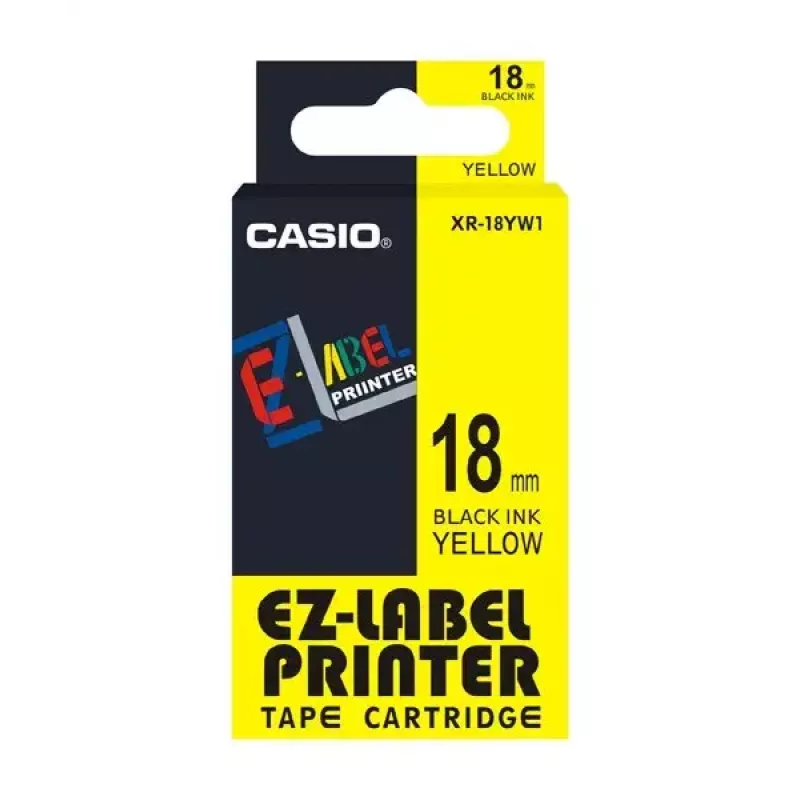 Fita de etiquetar Casio XR-18YW1 preto sobre amarelo