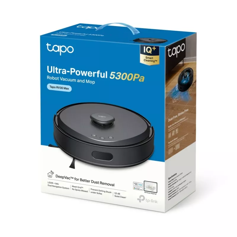 Robô aspirador TP-Link Tapo, sem saco, preto, redondo, recarregável, 55 dB, 0,3 L