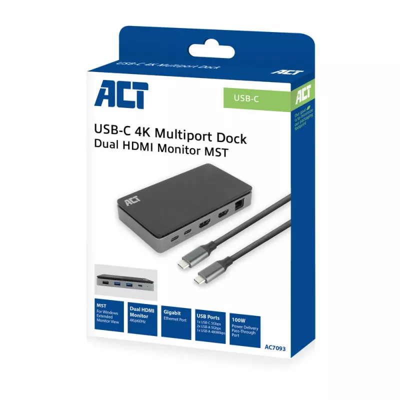 ACT Dock USB-C 4K MST para 2 monitores HDMI, Ethernet, USB-C, 3x USB-A, PD-Passthrough e cabo de ligação removível de 1 metro